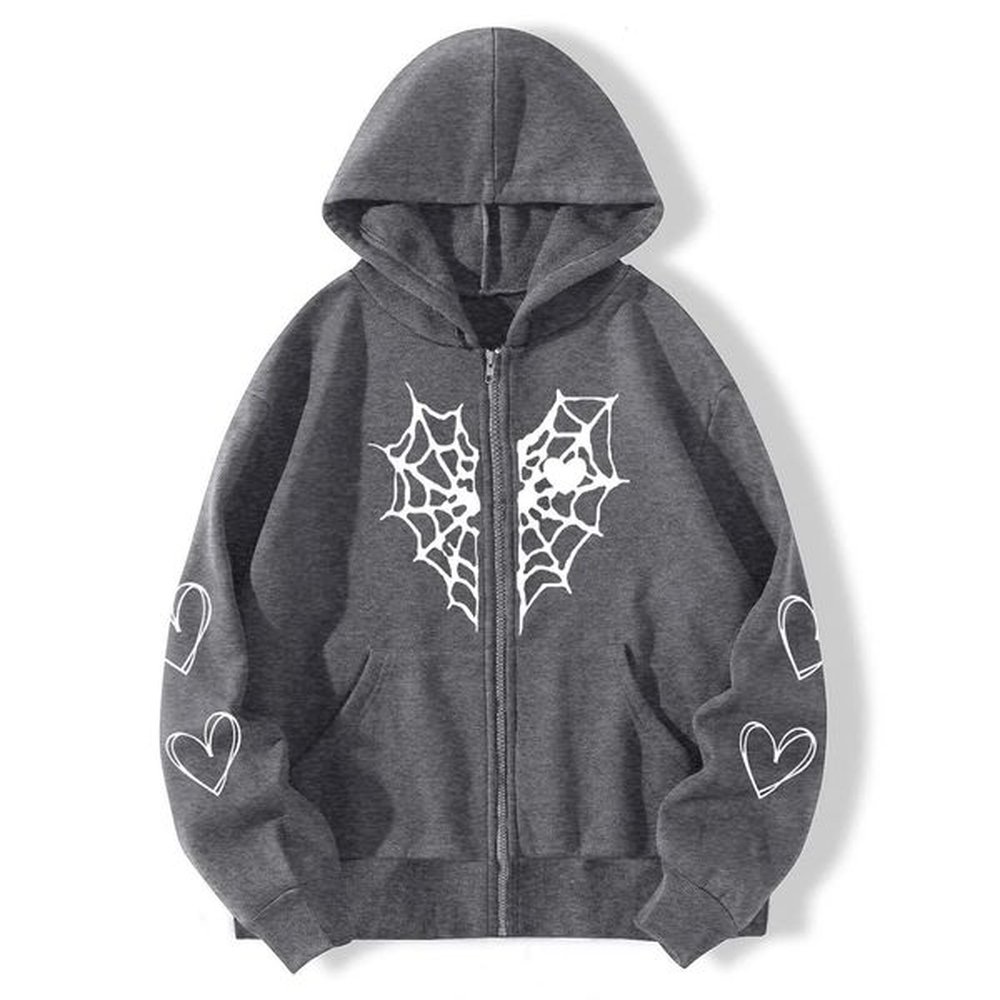 womens heartshaped printed gothic long sleeved hooded sweatshirt with zipper