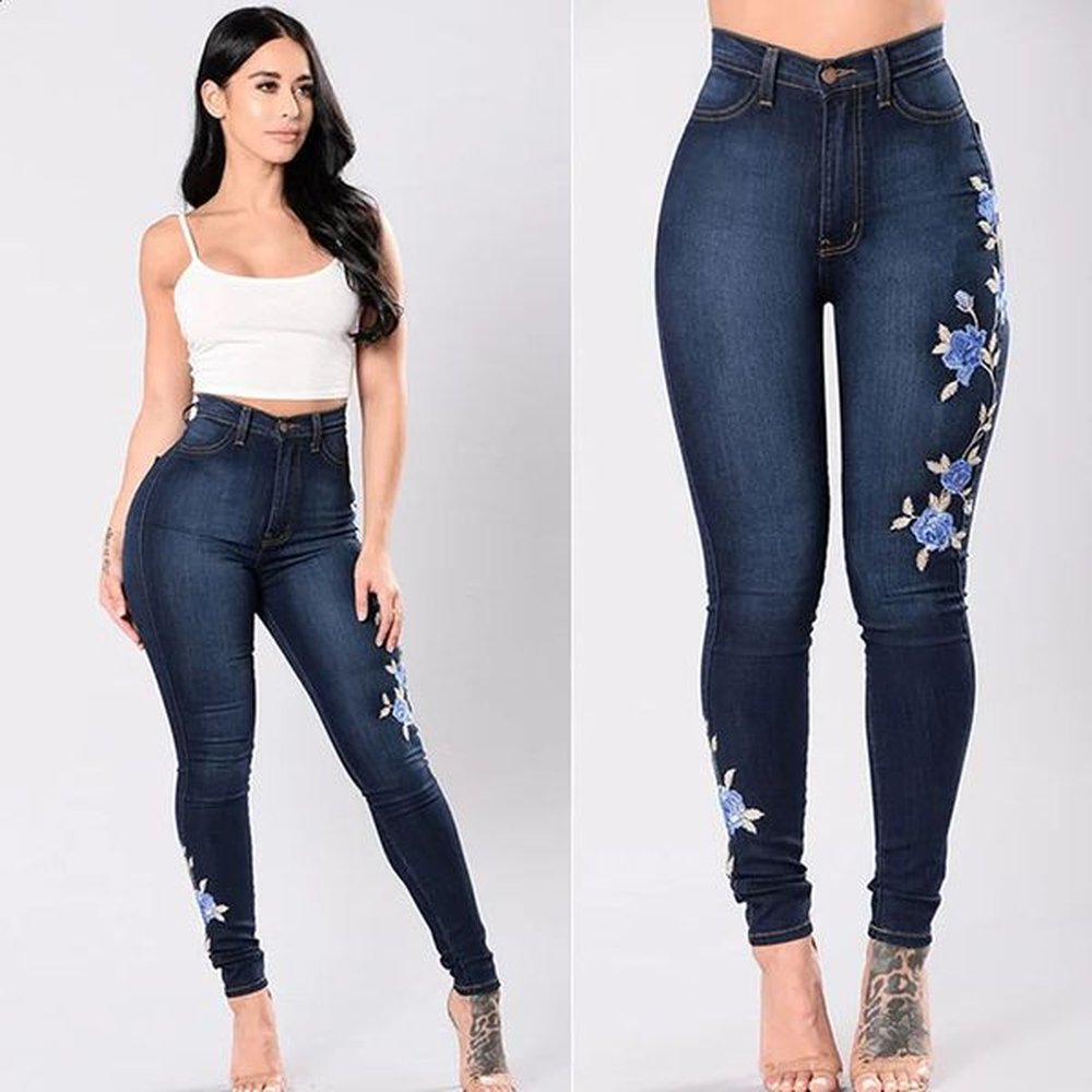 womens high waist embroidered jeans fashion slim stretch denim