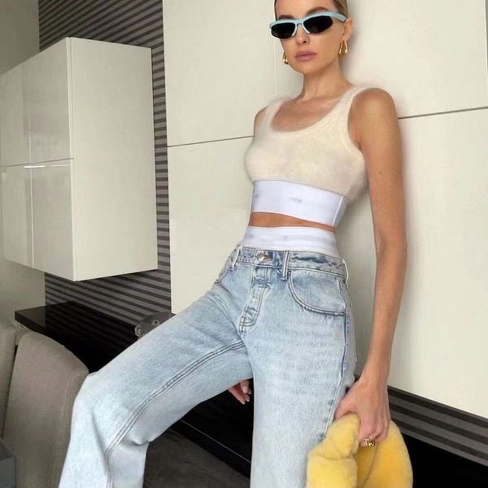 womens high waist faux pieces elastic bandage patchwork denim