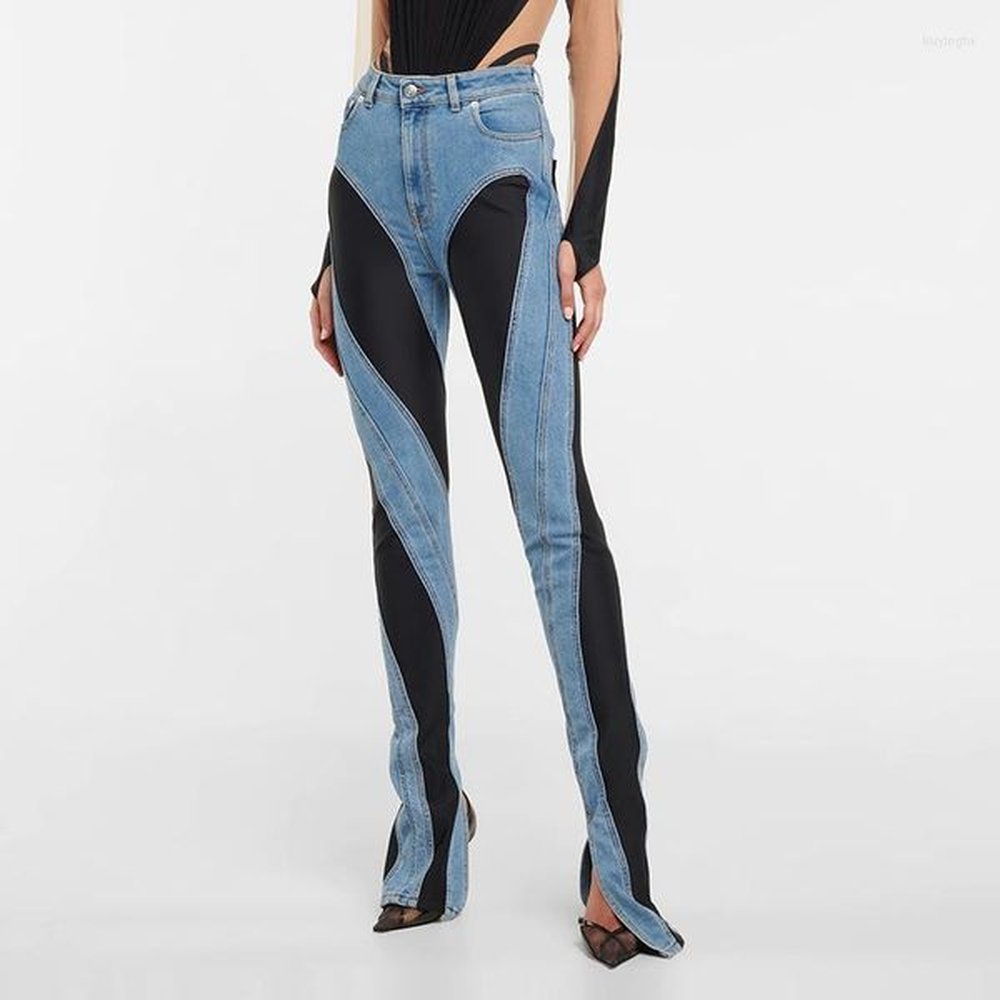 womens high waist split deconstruct panelled patchwork blue denim pants