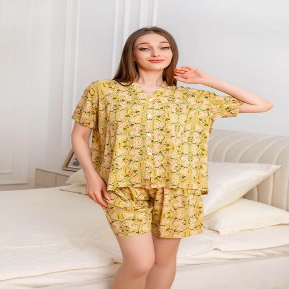 womens home clothes pajamas yellow background pink leaf shorts set