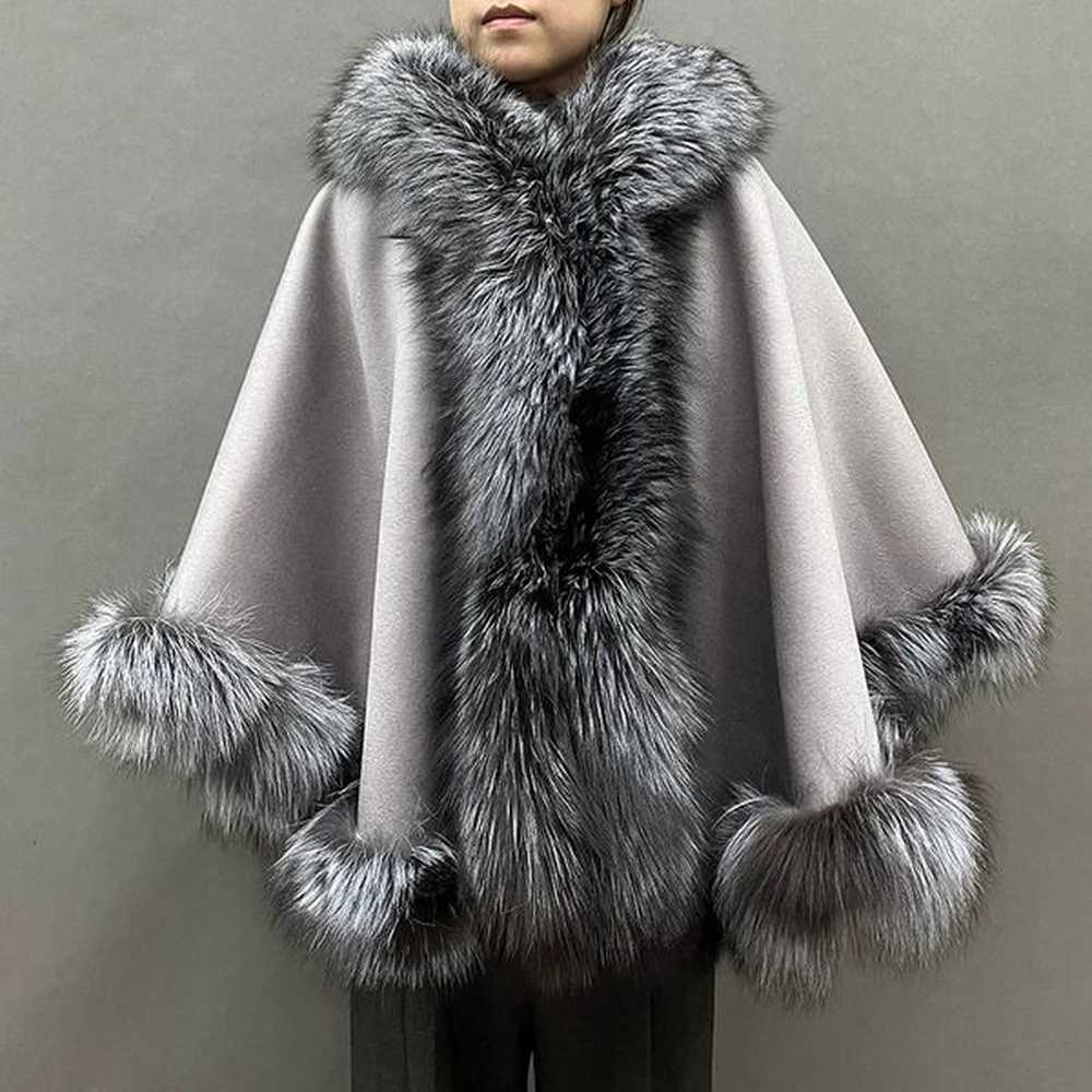 womens hooded real fur poncho genuine silver fox collar trim