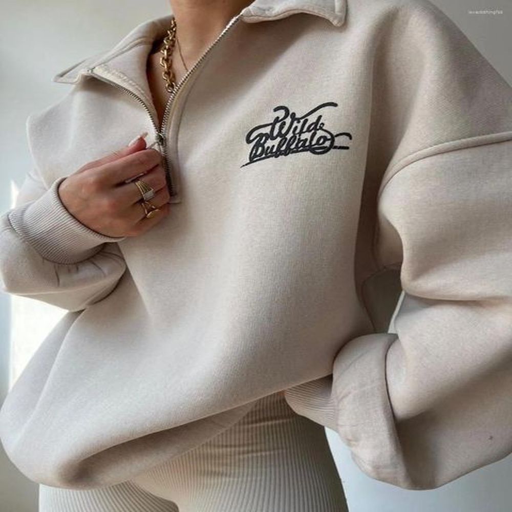 womens hoodies loose letter printed fleece sweatshirt polo collar zipped