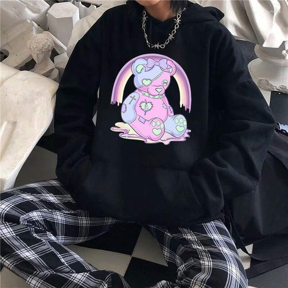 womens hoodies pastel goth bear print winter warm pocket pullovers