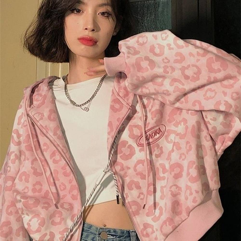 womens hoodies sweatshirts deeptown preppy style pink leopard print yk