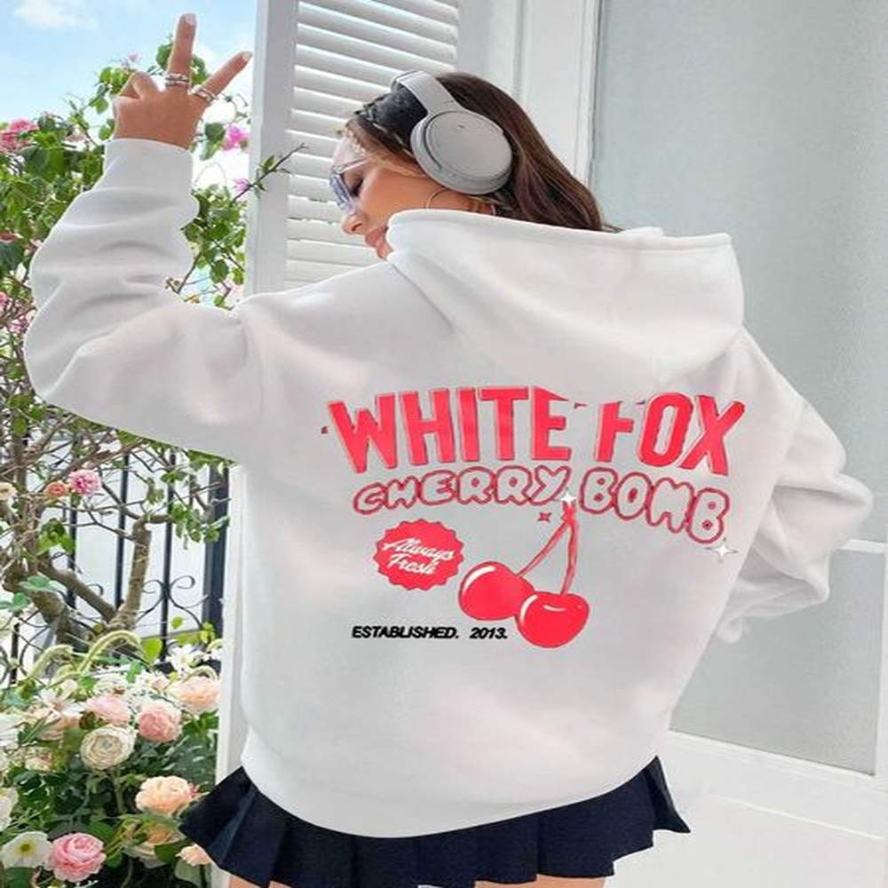 womens hoodies sweatshirts new white cherry bomb printed hooded sweatshirt