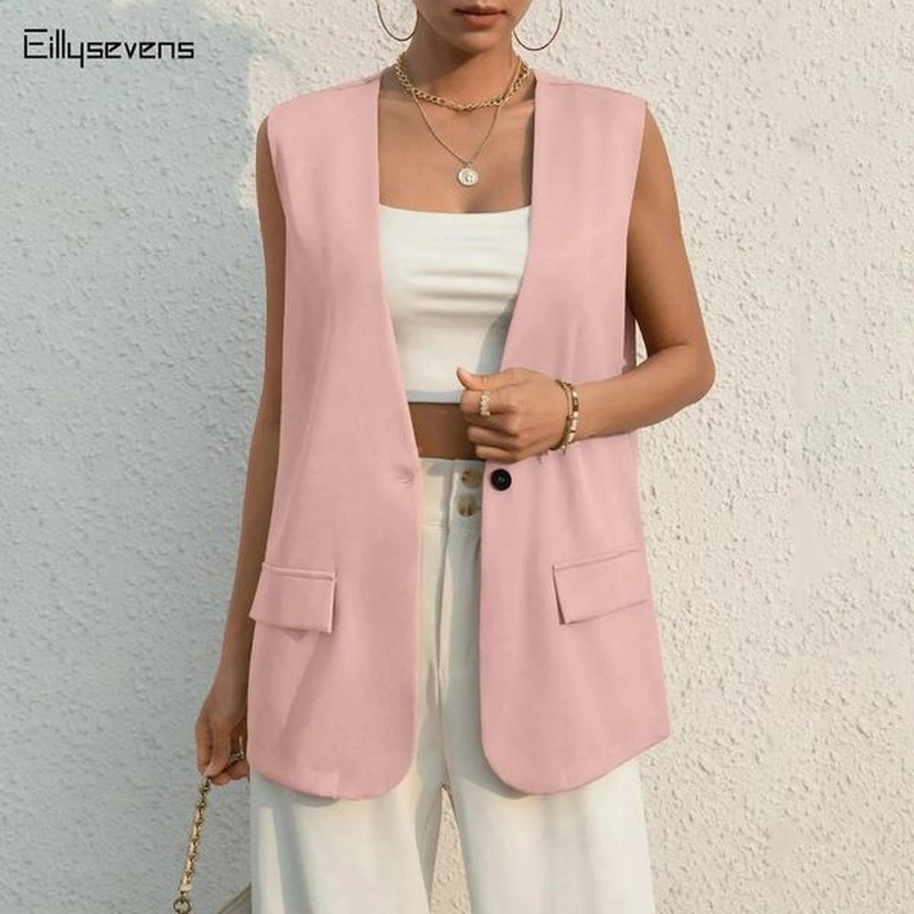 womens jacket pink fashionable single button top retro vneck sleeveless