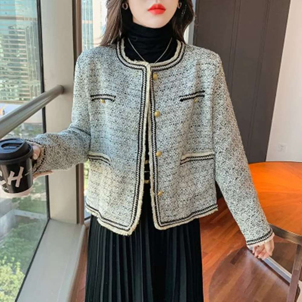 womens jackets autumn small fragrance woven o neck fringe tweed