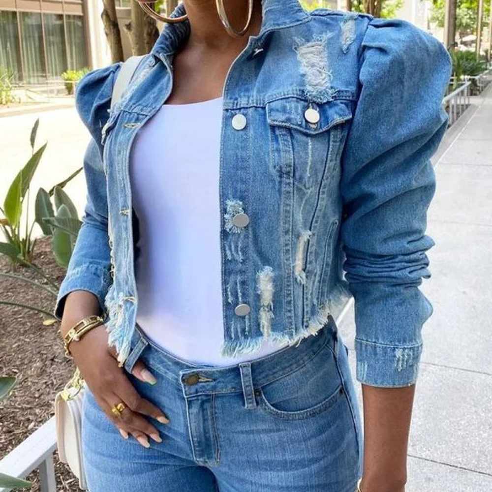 womens jackets autumn women puff sleeve hole denim plus size