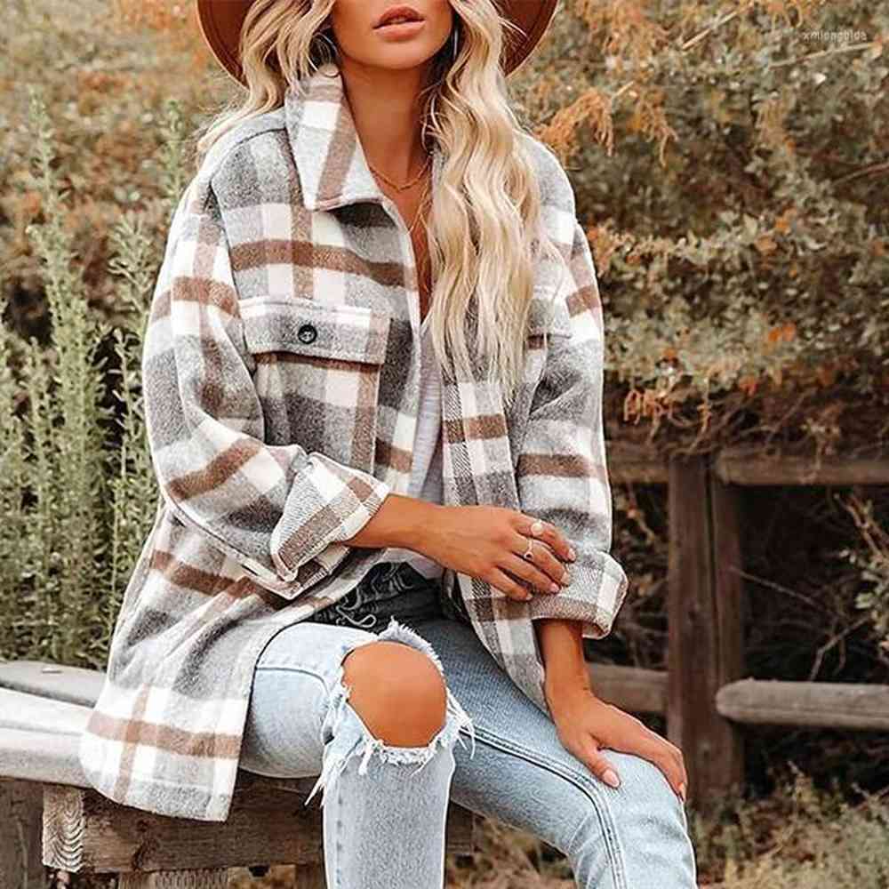 womens jackets autumn womens plaid jacket long sleeve lapel buttondown