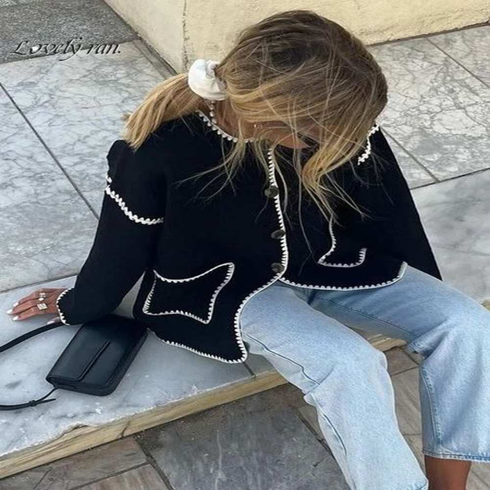 womens jackets chic pocket patchwork knitting crop female single breasted