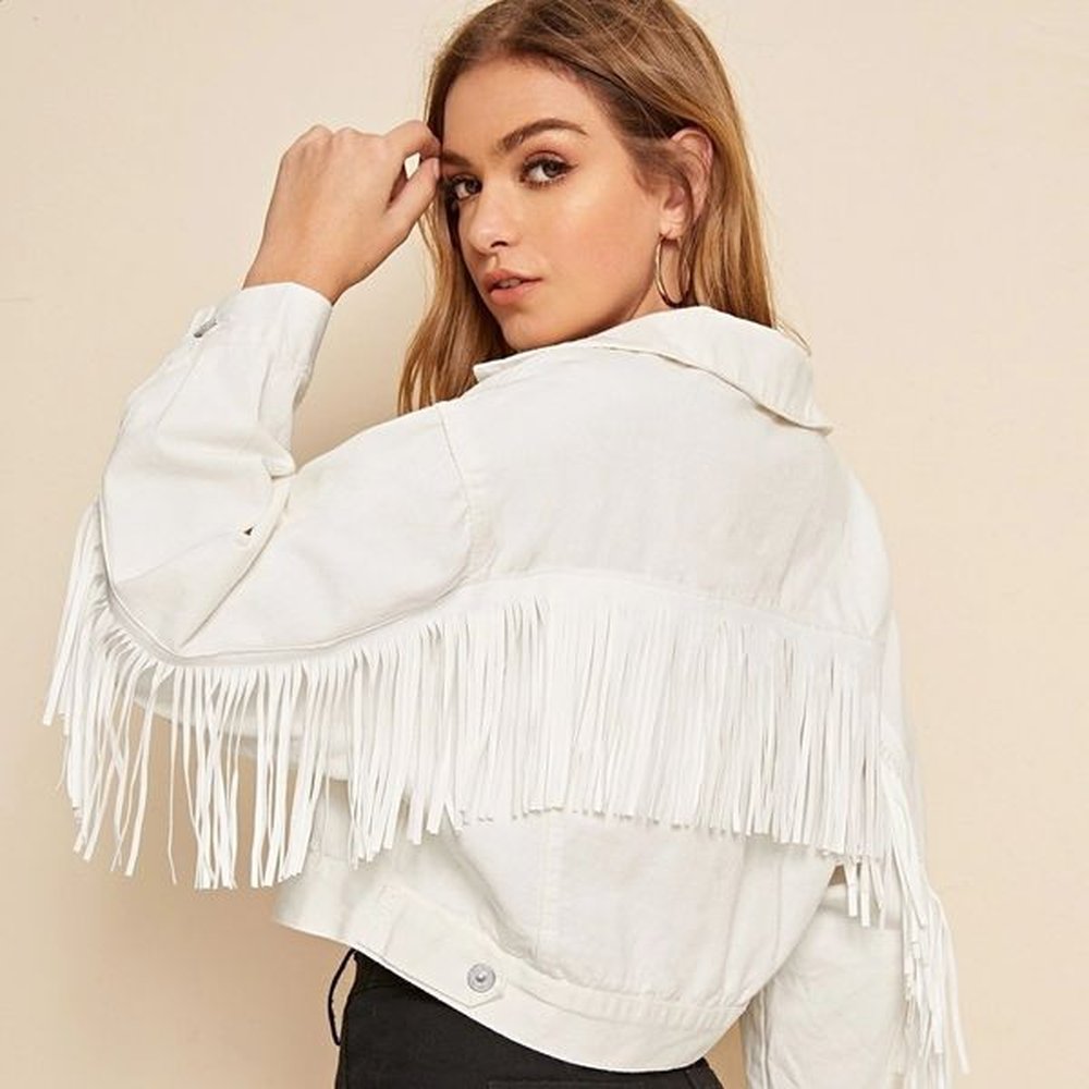 womens jackets denim jacket with stars white fringe pearl personalized