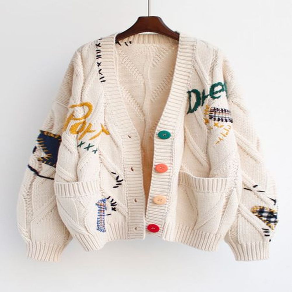 womens jackets embroidery knitted sweater jacket womens autumn winter pocket