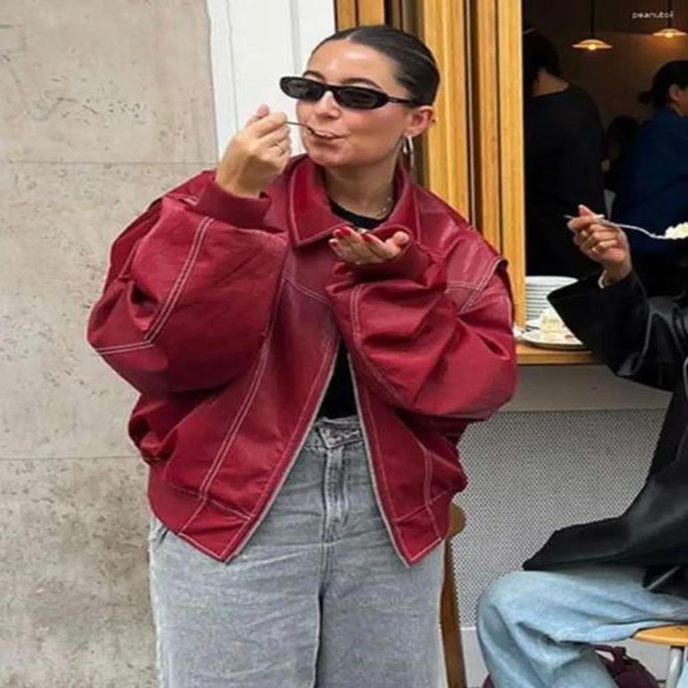 womens jackets red leather jacket for women punk lapel loose