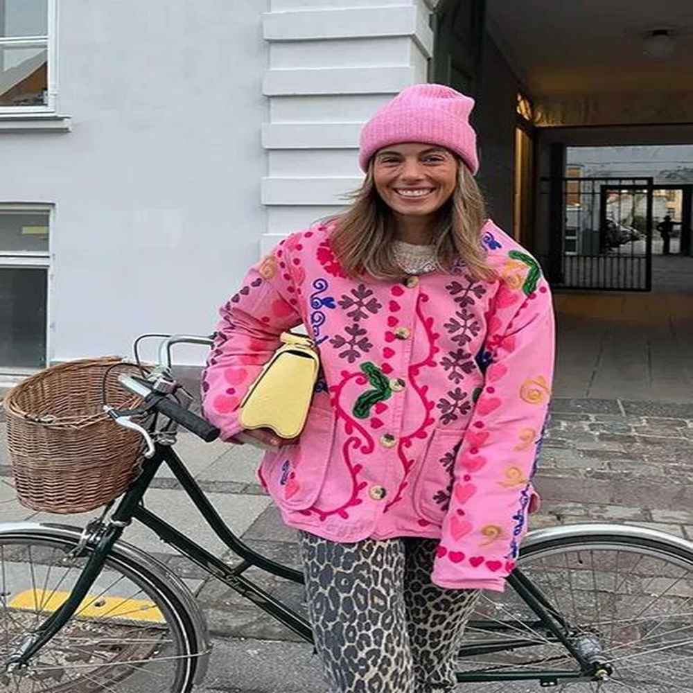 womens jackets retro colorful printed with pocket cotton jacket women