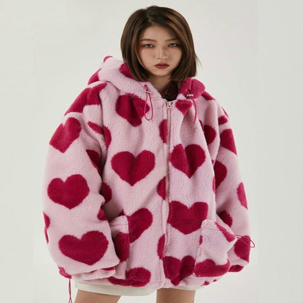womens jackets shengpalae harajuku heart full print plush jacket women