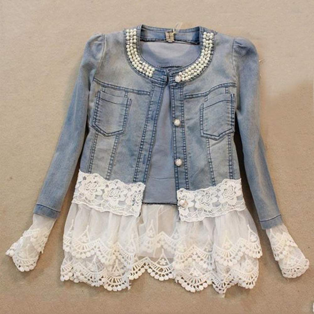 womens jackets slim lace patchwork beading women denim jacket long