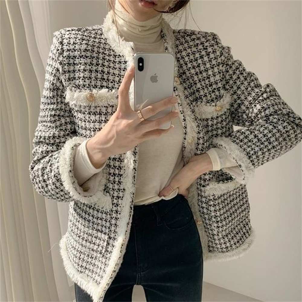 womens jackets vintage houndstooth tweed jacket women autumn winter thicken