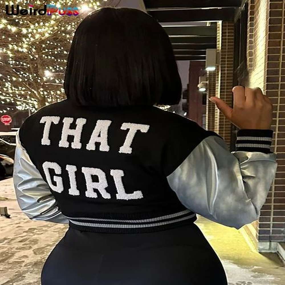 womens jackets weird puss fluffy letter short jacket varsity women