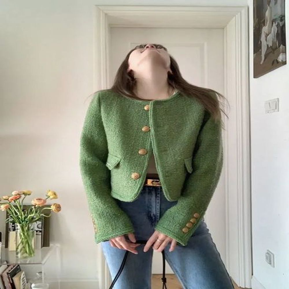womens jackets women green tweed cropped jackets o neck long