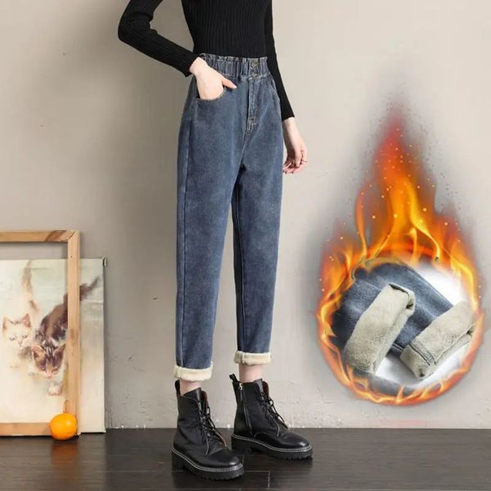womens jeans highwaisted jeans female padded thickened fall winter widelegged