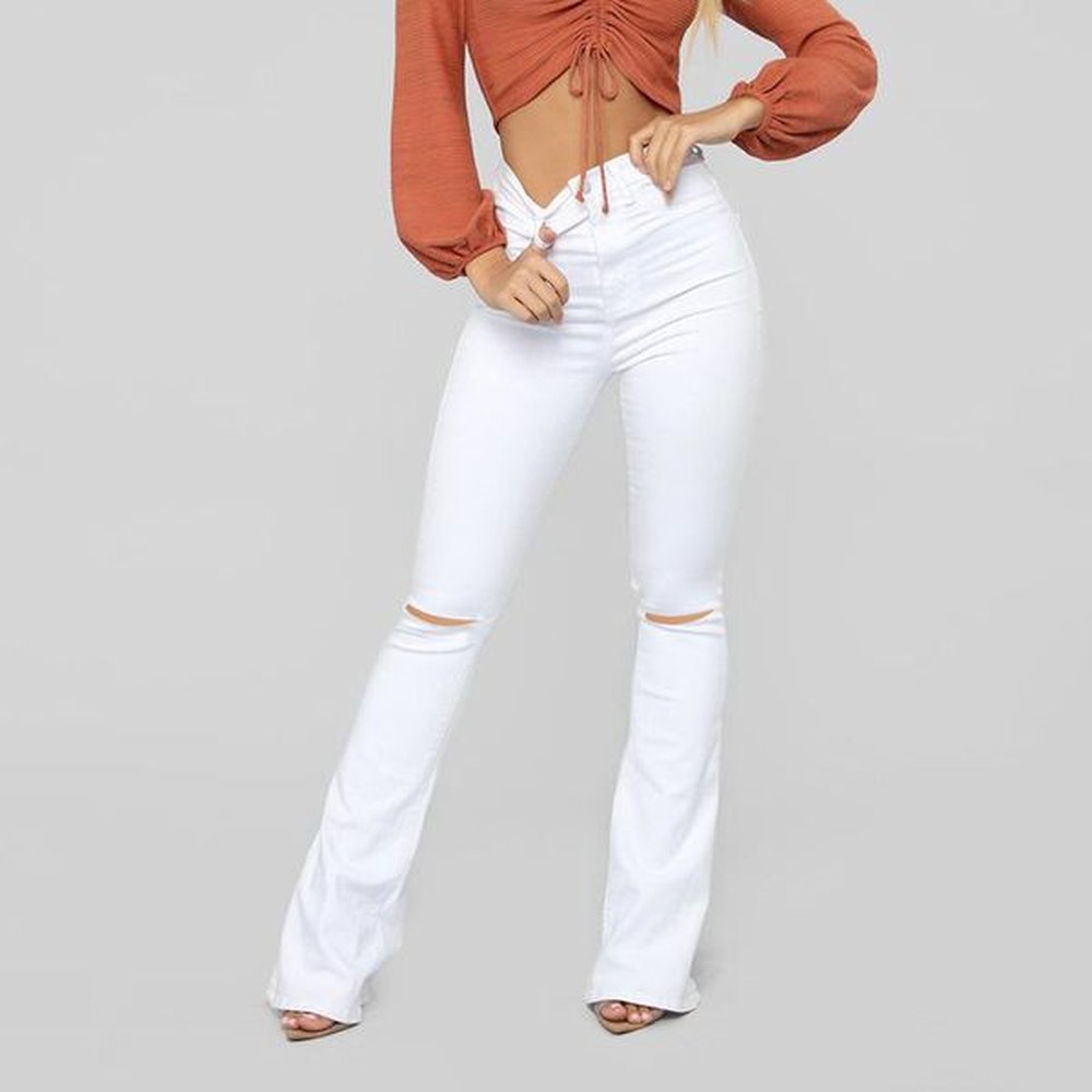 womens jeans hole white flare women high waist streetwear flared
