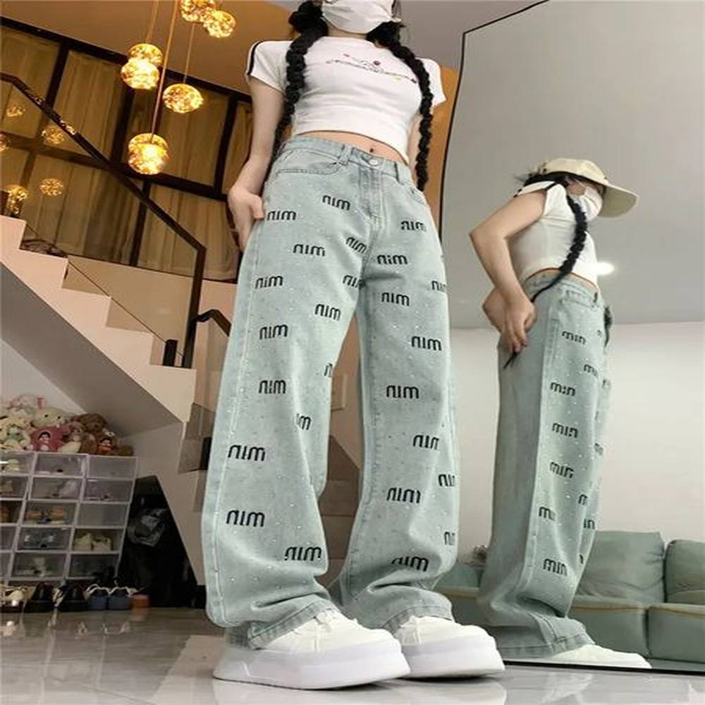 womens jeans korean version of high waisted letter diamond floor