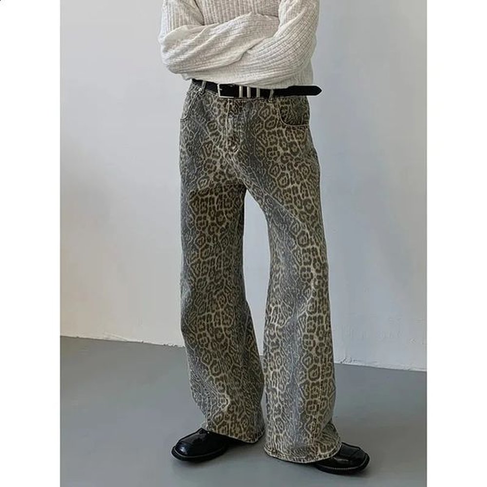womens jeans leopard high waist hip hop straight fashion pants