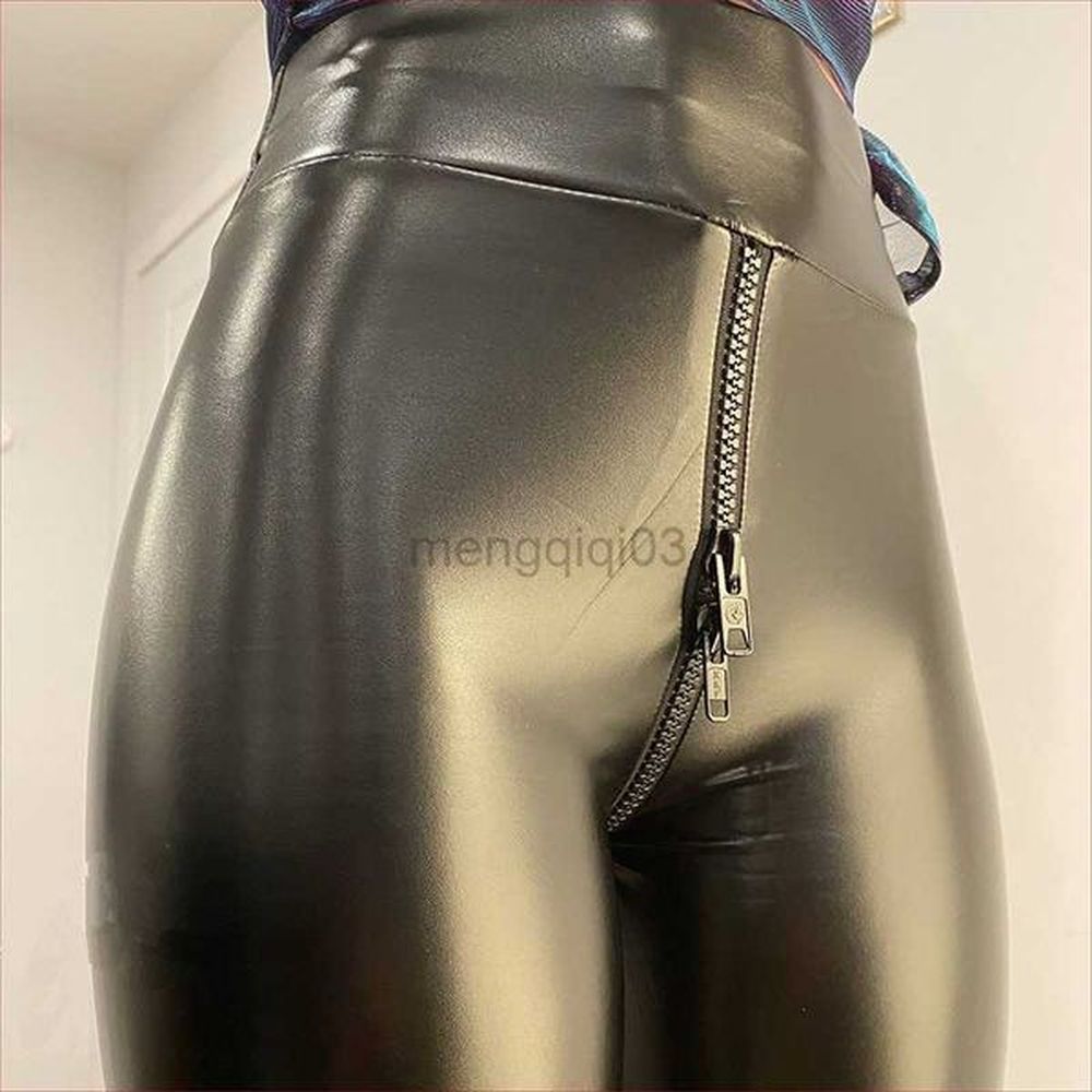 womens jeans sexy black matte leather open crotch pants for