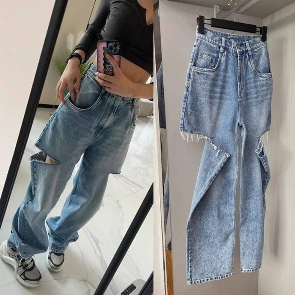 Women's Jeans 23ss Mm6 Margiela Washed Blue Knife Cut Hole Trousers High Street Fashion MM6 Denim Pants 230918