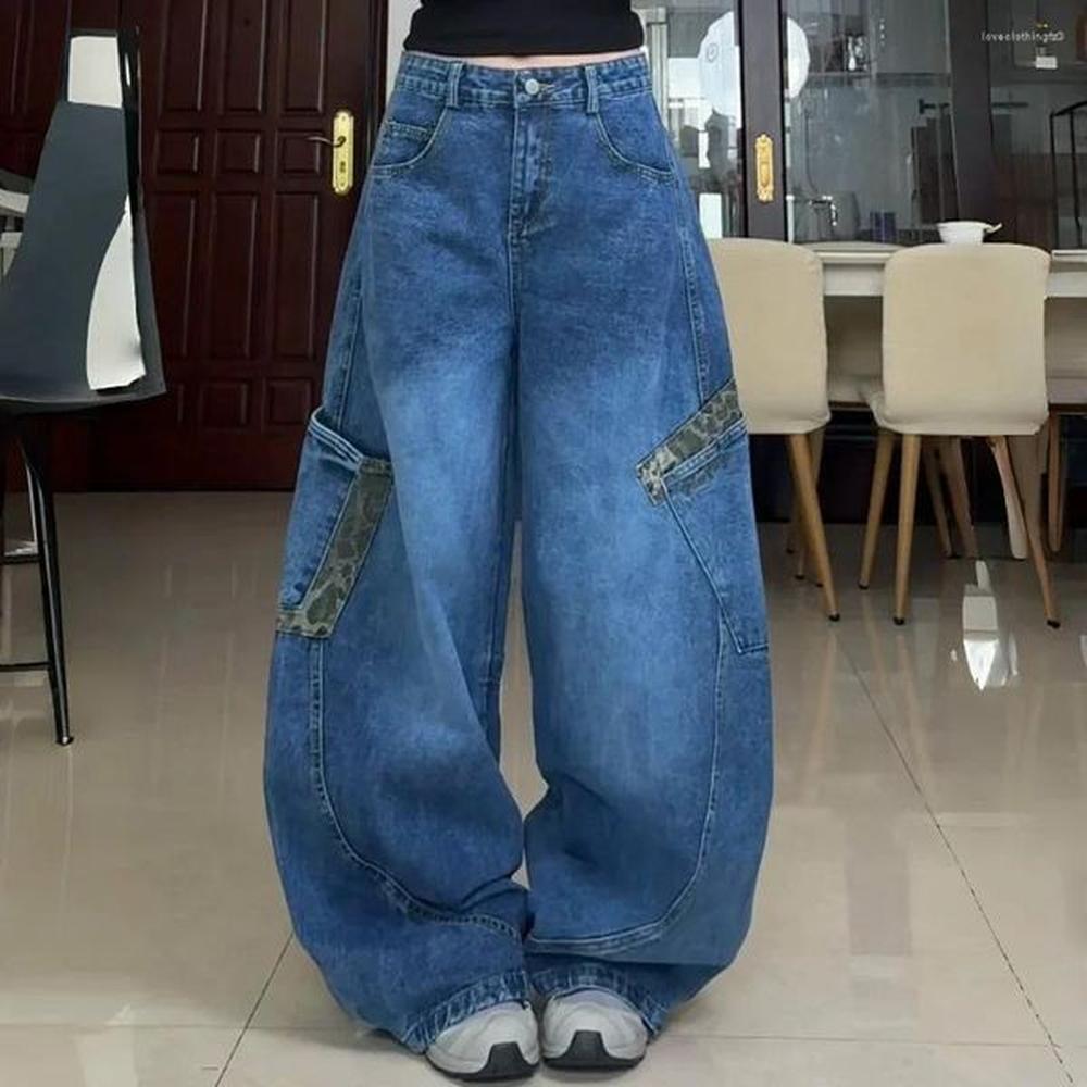 womens jeans streetwear retro large size leopard print splicing loose
