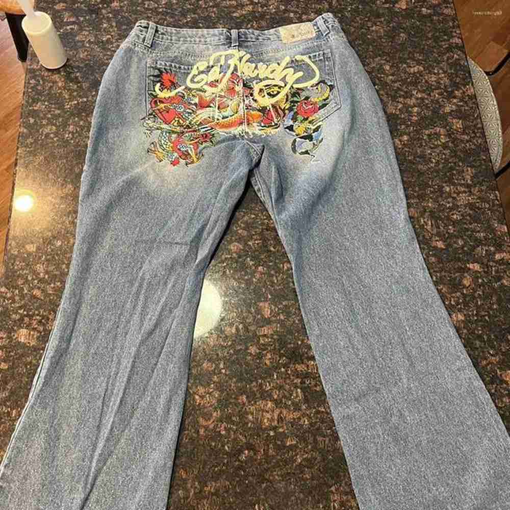 womens jeans streetwear yk hip hop graphic print retro blue