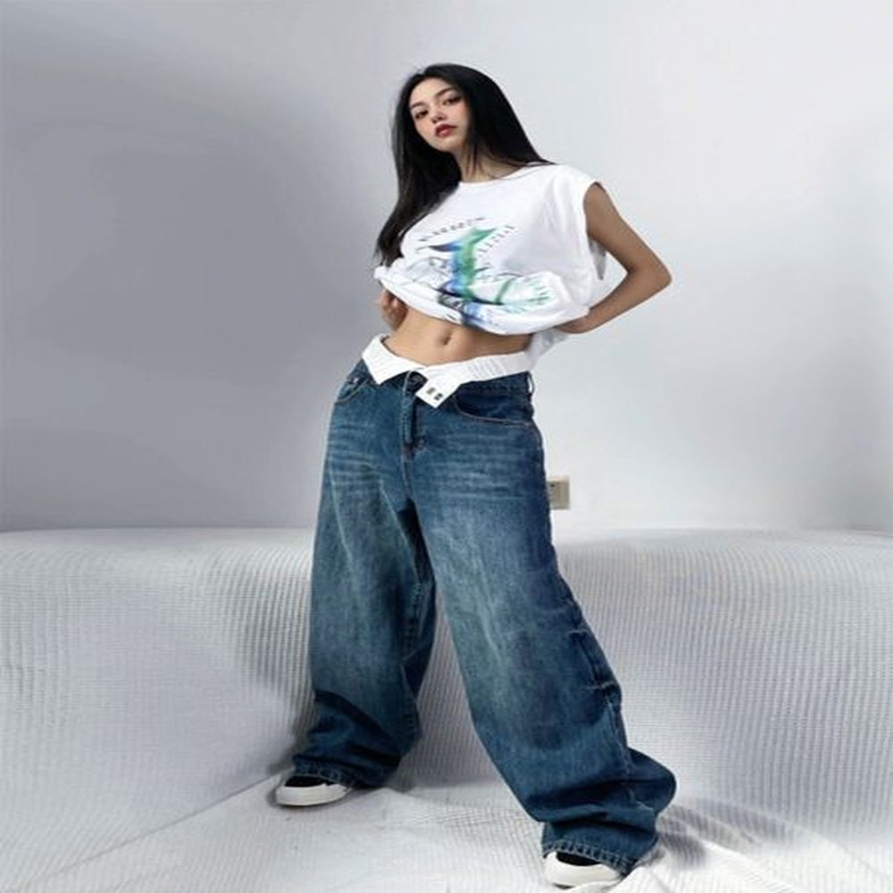 womens jeans vintage women baggy casual solid high waist straight