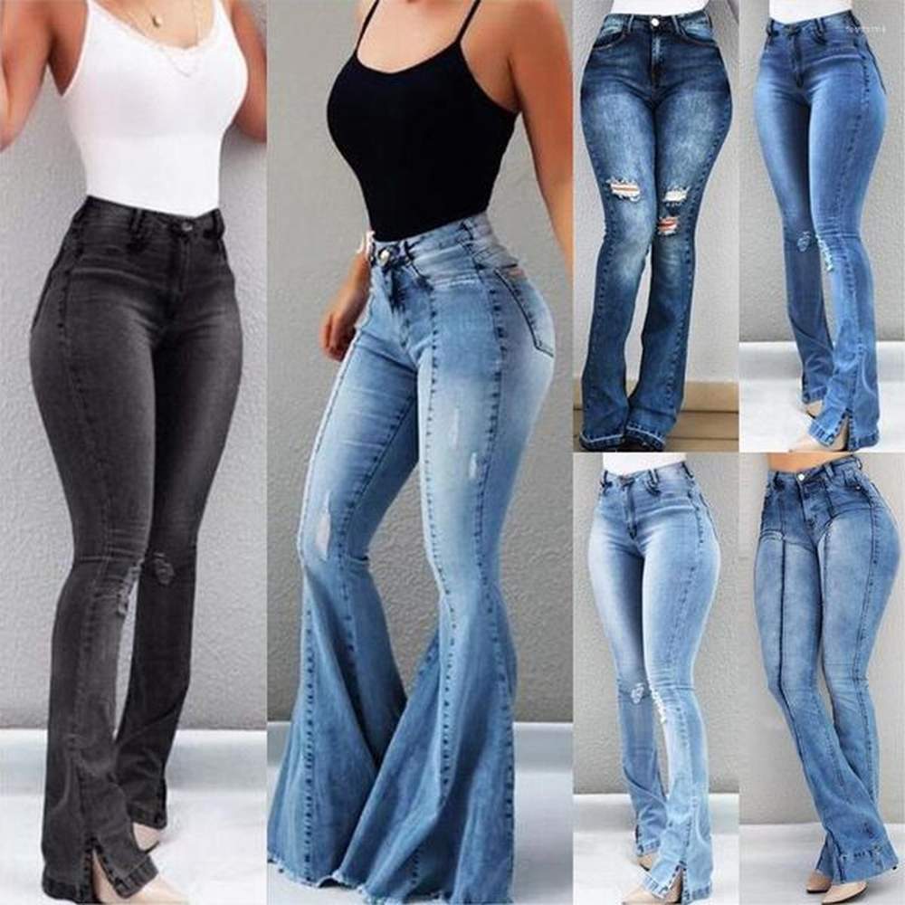 womens jeans women high waist denim solid slim flare pants