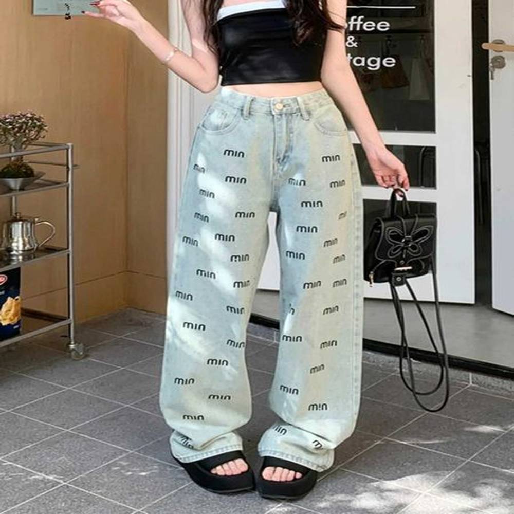 womens jeans yk light colored rhinestone letters min wide leg