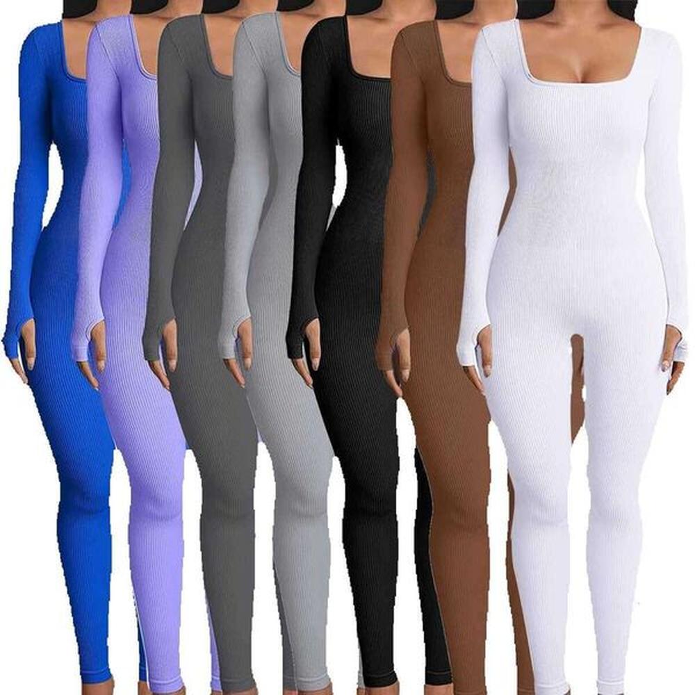 womens jumpsuit autumn and winter new product threaded square neck