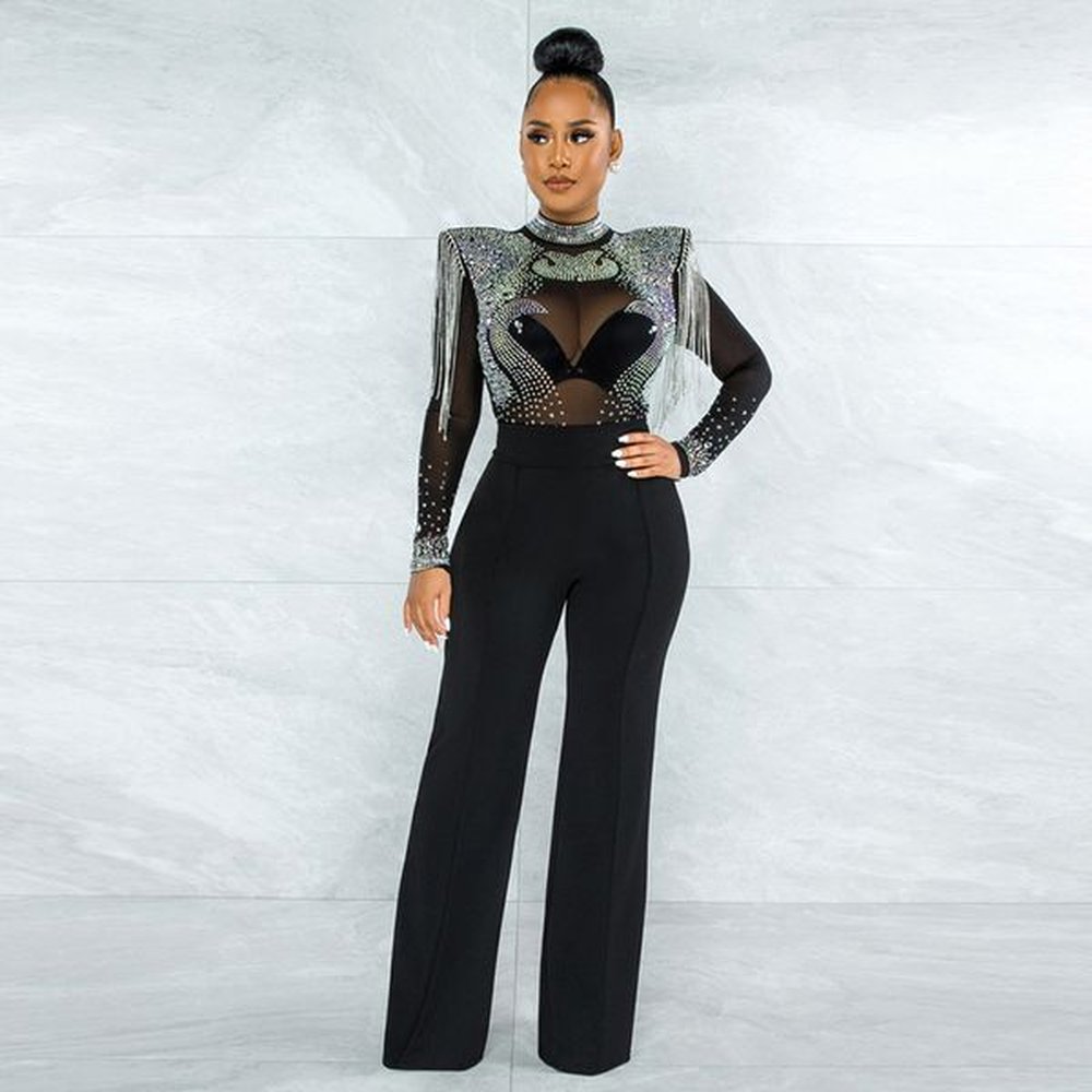 womens jumpsuits rompers elegant black rhinestone embellishment wide leg