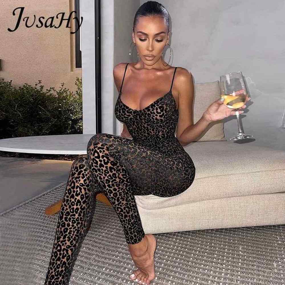 womens jumpsuits rompers jusahy leopard print flocking jumpsuit for women