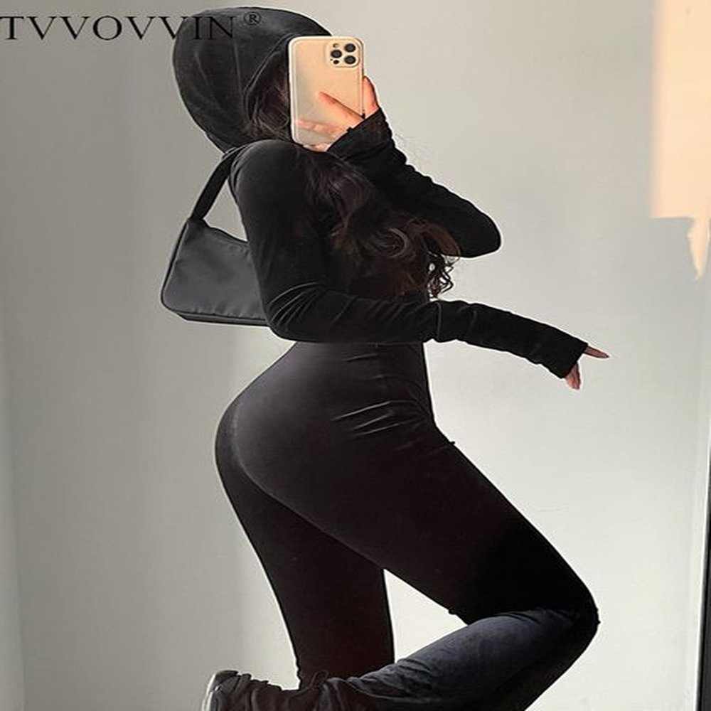 womens jumpsuits rompers tvvovvin fashion black velvet slim hooded zipper