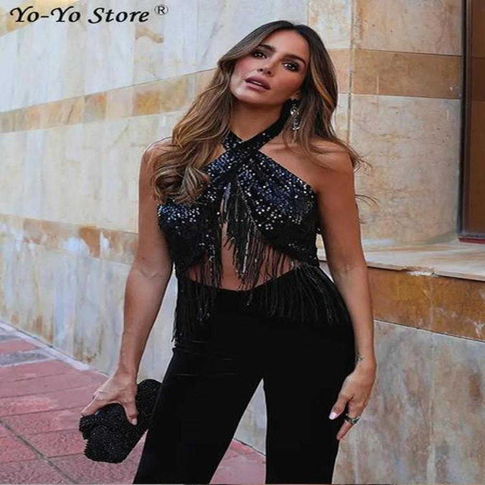 womens jumpsuits rompers velvet tassel sequined halter jumpsuit women sleeveless
