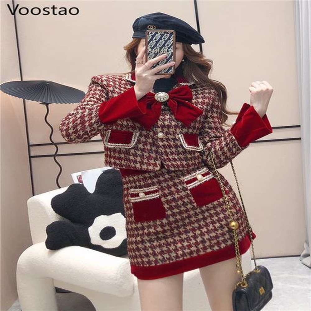 womens knits tees autumn winter elegant tweed plaid skirt sets