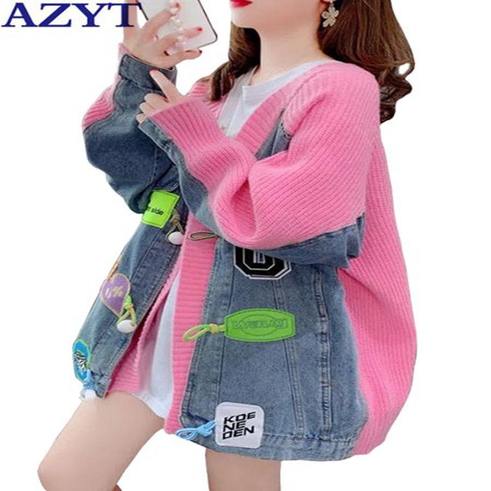 womens knits tees azyt denim patchwork women sweater cardigans autumn