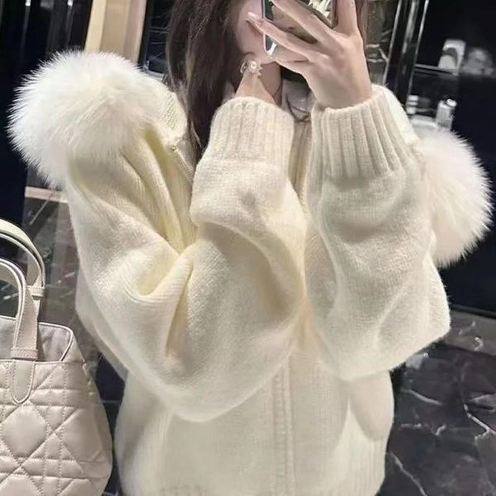 womens knitted hooded sweater with furry collar zipper cardigan jacket