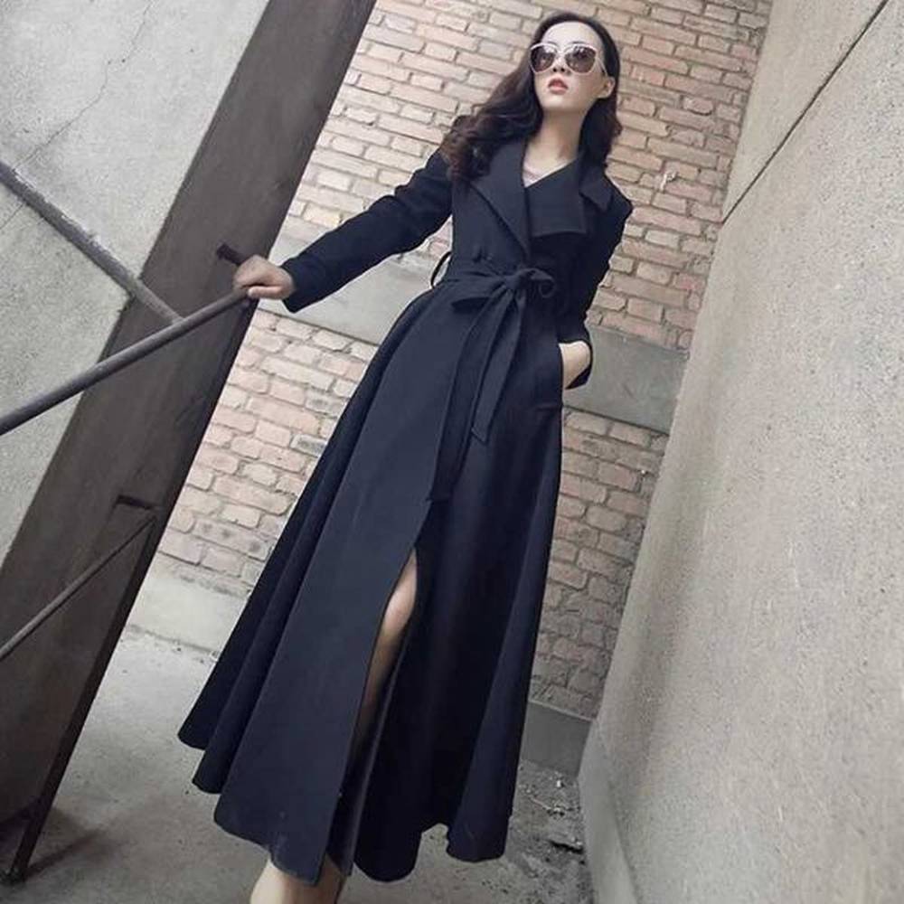 womens korean slim belt black formal trench coat leisure long