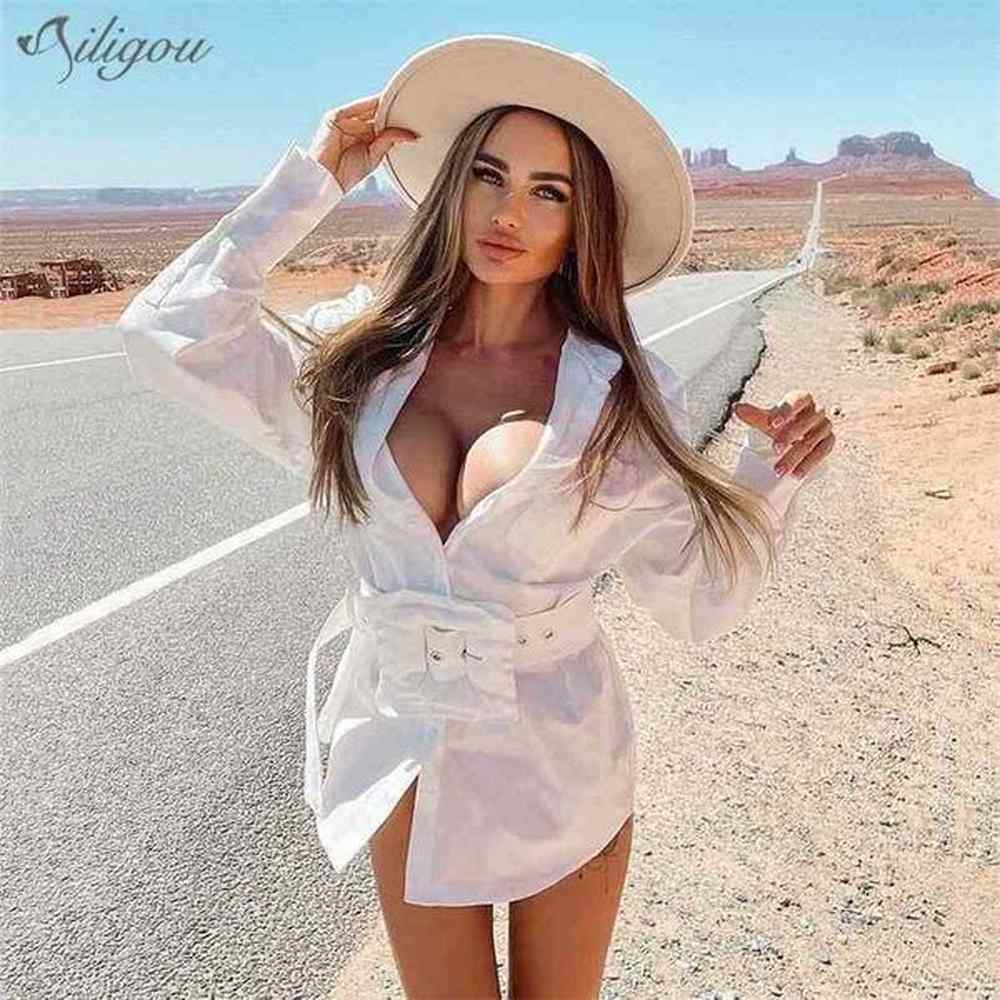 womens lapel buckle belt blouse longsleeved loosefit shirt fashion casual