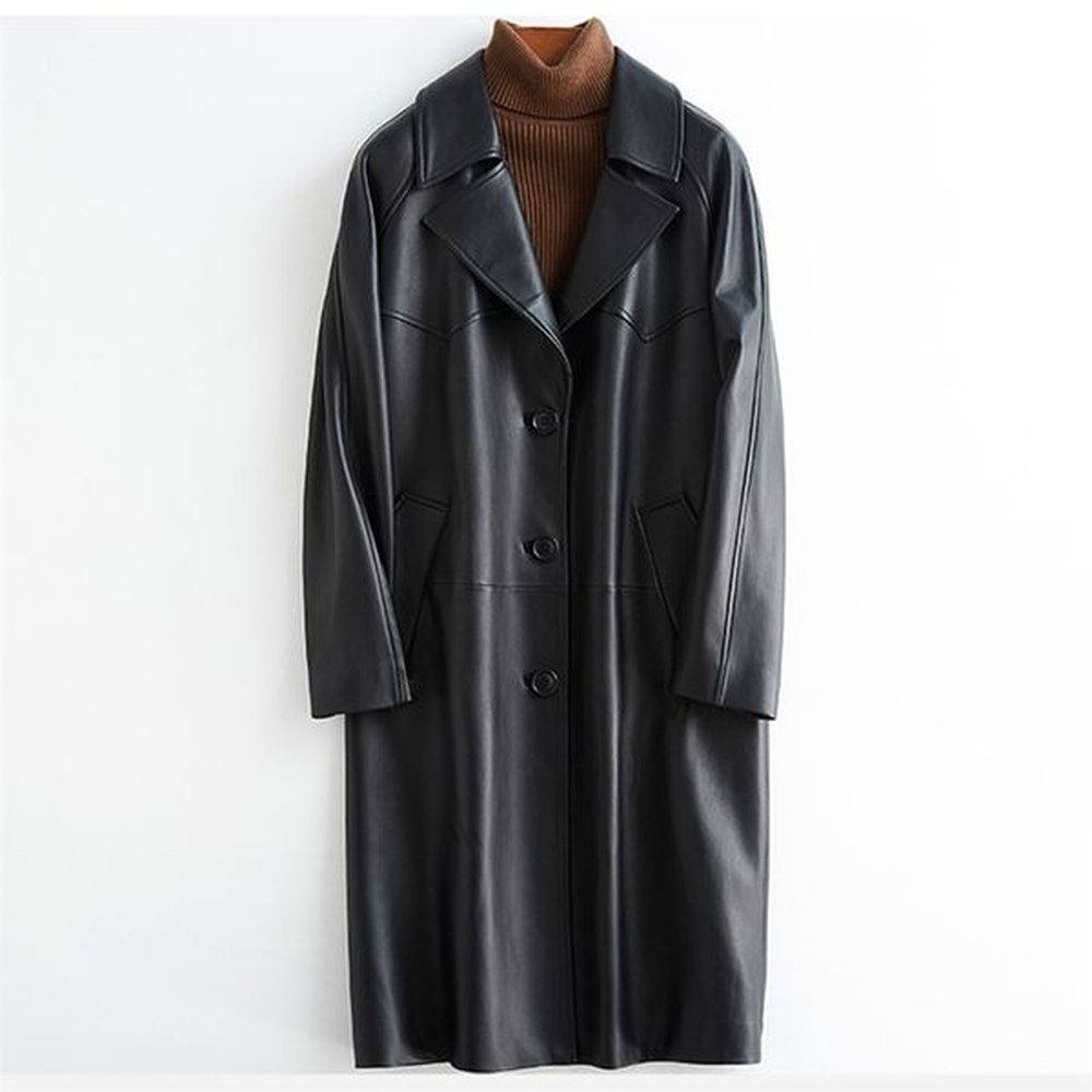 womens leather faux lautaro spring autumn black oversized trench coat