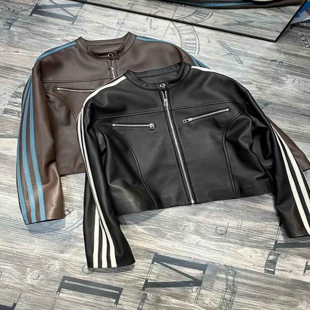 womens leather jacket short motorcycle contrast color sheepskin casual genuine