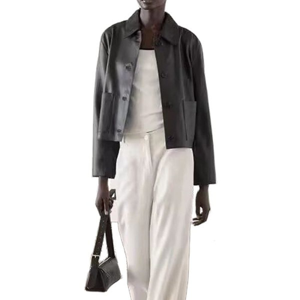 womens leather jacket with pockets single chest decoration short fashion