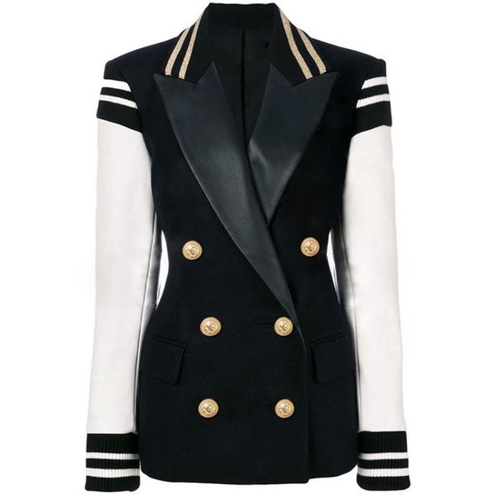 womens leather patchwork double breasted blazer classic varsity jacket