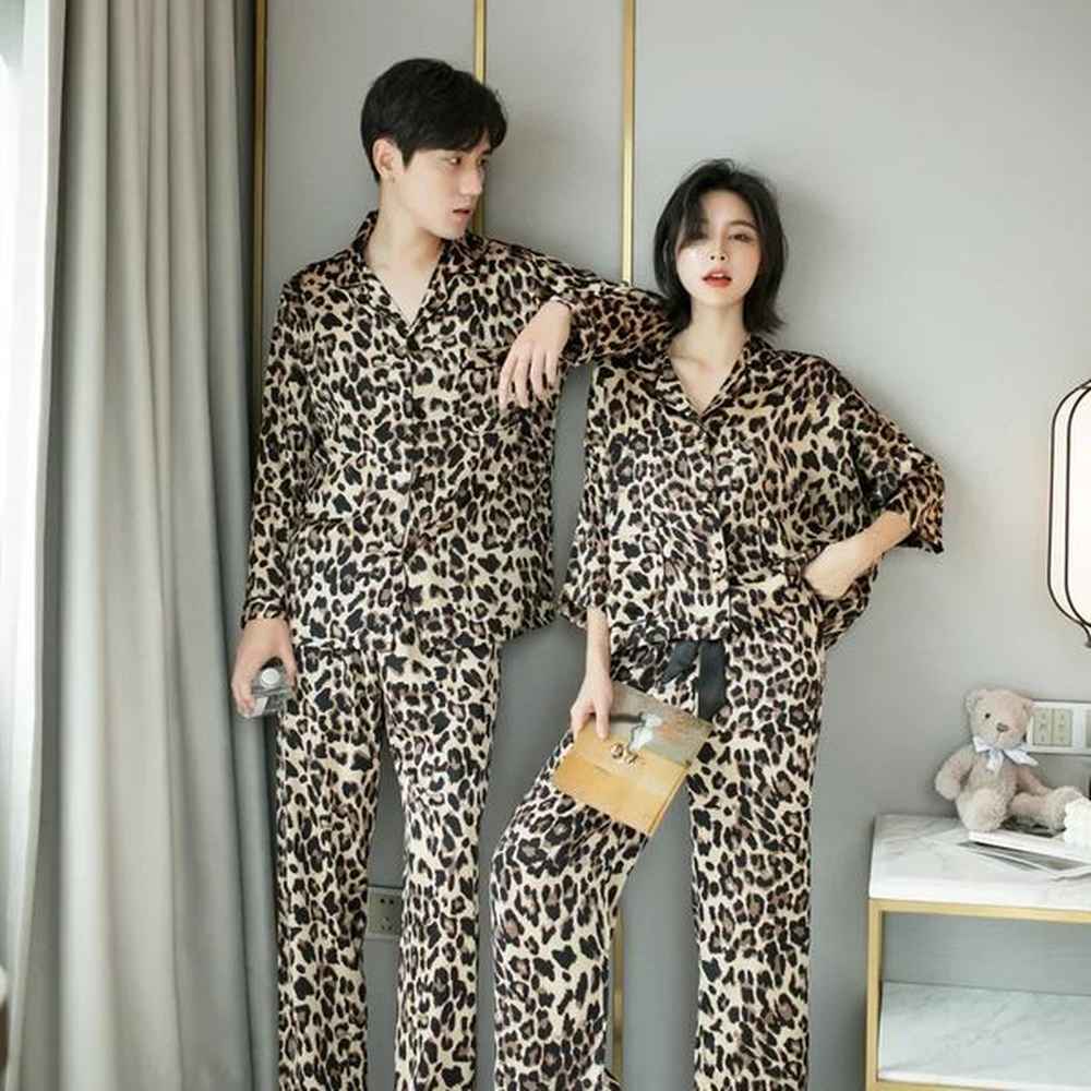 womens leopard print pajamas lapel pajamas couples home clothing evening